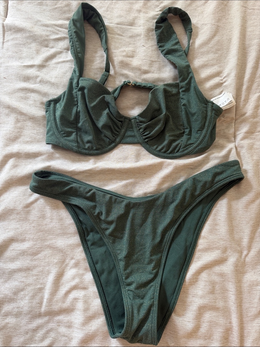 Abercrombie & Fitch High Leg Bikini Set in Dark Green Glitter - size medium